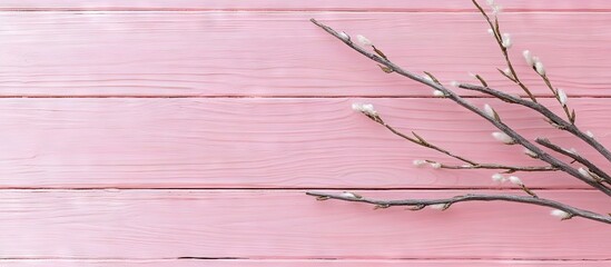 Fototapete - a willow branch on a pink wooden surface. with copy space image. Place for adding text or design
