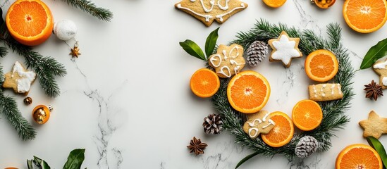 Poster - Food and beverage holiday theme Christmas and New Year cookies wreath with tangerine Copyspace top view flat lay backdrop