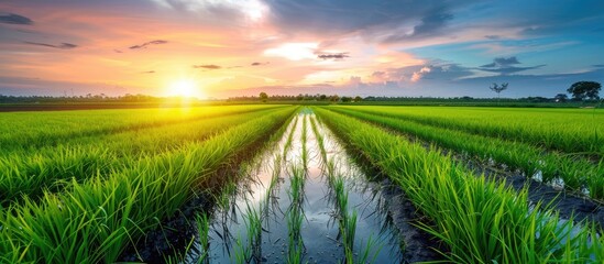 Wall Mural - spring paddy field filled with water that mirrors the setting sun. with copy space image. place for 