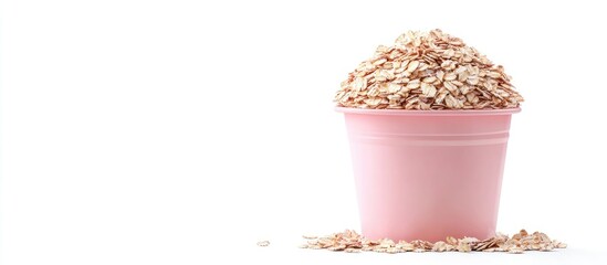 Poster - Heap of oat flakes in a pink bucket on a white background Copy space