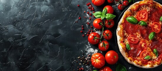 Poster - Delicious pepperoni pizza and cooking ingredients like tomatoes and basil on a black concrete surface A top view of the hot pepperoni pizza with copyspace available for text Flat lay Banner