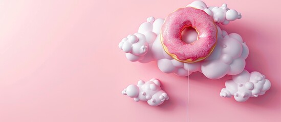 Leinwandbilder - Donut on Pink Creative Food Minimalism Balloon Shaped Donut in the Sky with Clouds Top View with Copy Space Toned