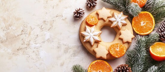 Poster - Food and beverage holiday theme Christmas and New Year cookies wreath with tangerine Copyspace top view flat lay backdrop