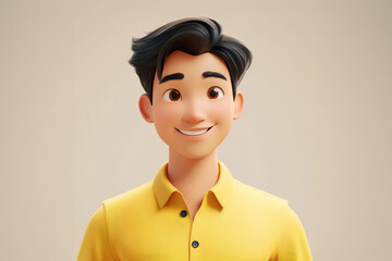 smiling asian young man 3d cartoon character. 3d illustration on light background. happy male person