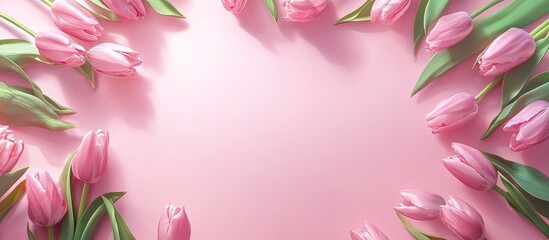 Poster - Pink tulips are arranged in a circle creating a frame on a pink backdrop with strong sunlight Floral spring background Copy space