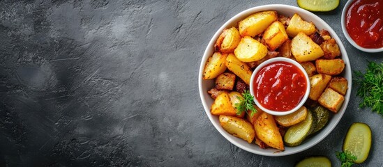 Crispy pan fried potatoes served with pork pickles and tomato ketchup sauce on a gray concrete table Close up vertical top view with copyspace