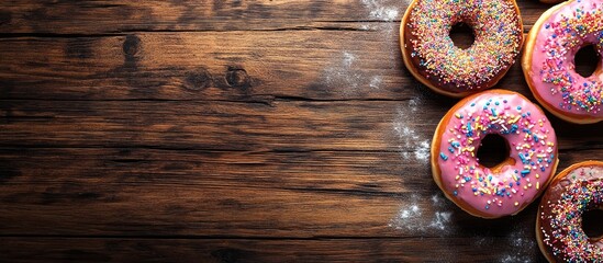 Poster - Colorful donuts on a wooden table Sweet icing sugar treats topped with glazed sprinkles doughnut with chocolate frosting Aerial view with copy space