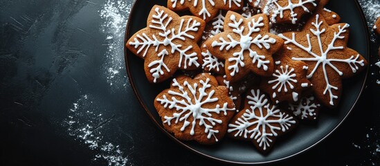 Poster - Decorated Christmas cookies with icing and powdered sugar on a plate Dark backdrop top view vertical image. with copy space image. Place for adding text or design