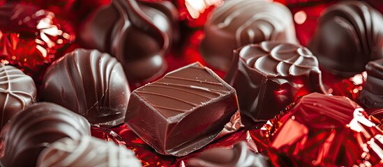 Poster - Close up of chocolate candies wrapped in red paper on a white background. with copy space image. Place for adding text or design