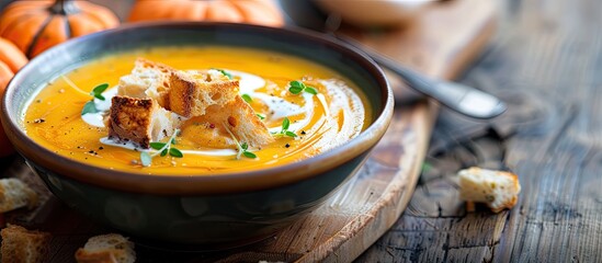 Poster - Tasty pumpkin soup topped with thick cream on a dark rustic wooden table accompanied by croutons Side view Copy space