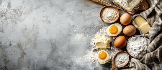 Aufkleber - Bakery backdrop Ingredients for an Easter cake or dessert recipe including eggs flour and butter arranged on a grey stone table with kitchen textiles Top view copyspace