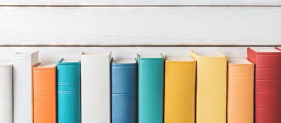 Wall Mural - open hardback books in various colors are placed on a wooden table against a white background back t