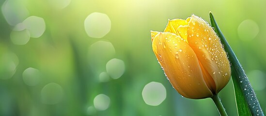 Leinwandbilder - Close up of a yellow tulip with dew drops on a green background Selective focus and space for text. with copy space image. Place for adding text or design