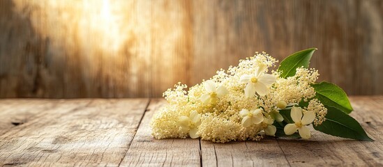 Poster - Elderflower blossoms on a wooden background Edible elderberry flowers enhance the flavor and fragrance of beverages and desserts Copy space