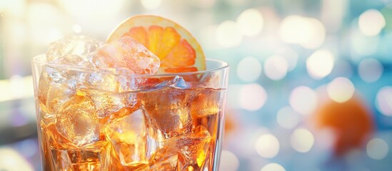 Fototapete - Close up of a cocktail glass filled with ice and tangerines set against a blurred interior background. with copy space image. Place for adding text or design