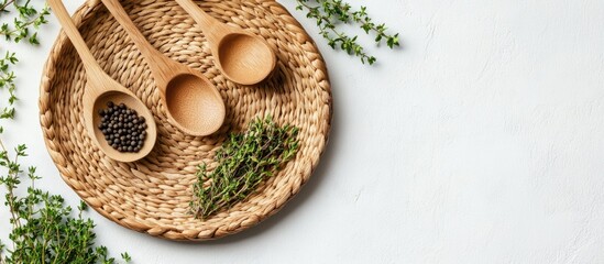 Aufkleber - Kitchen arrangement featuring a wicker tray wooden spoons black pepper and fresh thyme on a light backdrop Top view Copy space