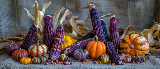 Leinwandbilder - Colorful purple Indian corn along with mini pumpkins and gourds displayed on burlap fall decorations copyspace