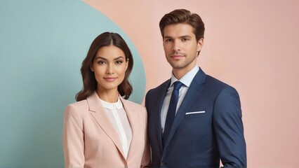 a businessman and a businesswoman standing together in a suit in the studio. a business team togethe