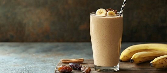 Leinwandbilder - Banana Date Fruit and Cinnamon Smoothie or Milkshake in a Glass on a Wooden Table against a Grey Background. with copy space image. Place for adding text or design