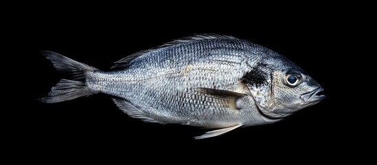 Fototapete - Raw dorado sea bream fish prepared for cooking Black background Top view Copy space