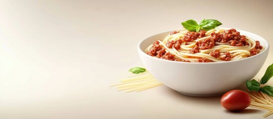 Aufkleber - Italian cuisine spaghetti with Bolognese sauce in a white pasta bowl. with copy space image. Place for adding text or design