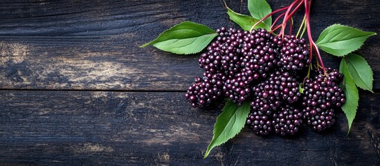 Aufkleber - A cluster of elderberry fruits on a black wooden table. with copy space image. Place for adding text or design