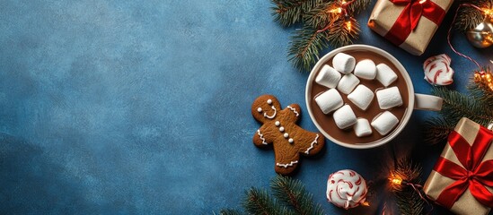 Aufkleber - Cup of chocolate topped with marshmallows gingerbread cookies gifts and lovely Christmas decorations with lights on a blue background Flat lay top view close up space for text. with copy space image