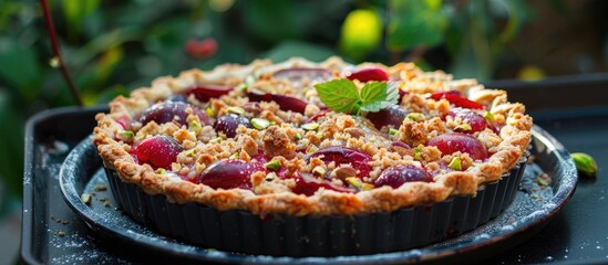 Aufkleber - Close up of a homemade plum pie topped with pistachio crumble placed on a baking tray outside. with copy space image. Place for adding text or design