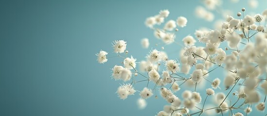 Poster - Small white Gypsophila flowers against a blue background Fluffy and cloud like Gypsophila often referred to as Baby s breath. with copy space image. Place for adding text or design