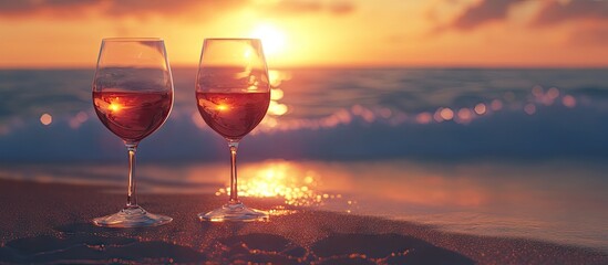 Poster - Wine glasses at sunset on a beach Selective focus Nature. with copy space image. Place for adding text or design