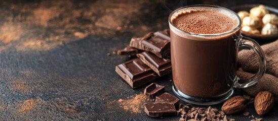 Aufkleber - Hot chocolate cocoa served in a glass mug with ingredients A cup of hot chocolate Copyspace on a dark background A cup of hot chocolate on a wooden surface Textured backgrounds of hot chocolate