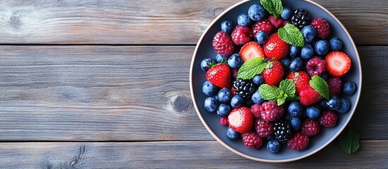 Poster - Fresh berry salad on a plate against a wooden background Flat lay top view copyspace