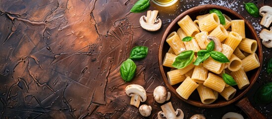 Aufkleber - Pasta Tortiglioni and components for mushroom sauce Italian main dishes Maccheroni Rigatoni menu idea Food backdrop Top view Copy space