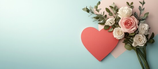 Aufkleber - Valentine s Day heart shaped paper card and a bouquet of flowers. with copy space image. Place for adding text or design