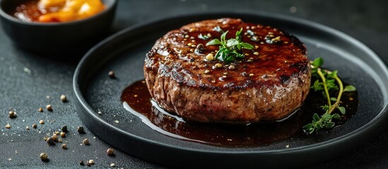 Fototapete - hamburger steak with demi glace sauce. with copy space image. Place for adding text or design