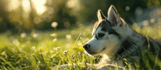 Wall Mural - An adult cat smells a playful Alaskan Malamute puppy on green summer grass. with copy space image. Place for adding text or design