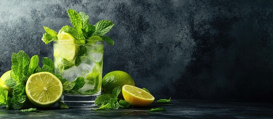 Poster - Mojito cocktail in a tumbler with lime mint and lemon set against a dark concrete background Prepare a mojito. with copy space image. Place for adding text or design