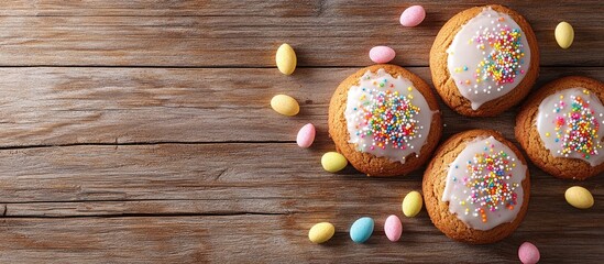 Poster - Easter Cookies Homemade Cookies topped with Sugar Icing and Sprinkles on a Wooden Background. with copy space image. Place for adding text or design