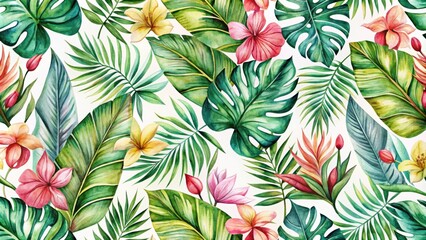 Wall Mural - Watercolor tropical seamless pattern with leaves, watercolor, tropical, seamless, pattern, leaves, foliage, botanical