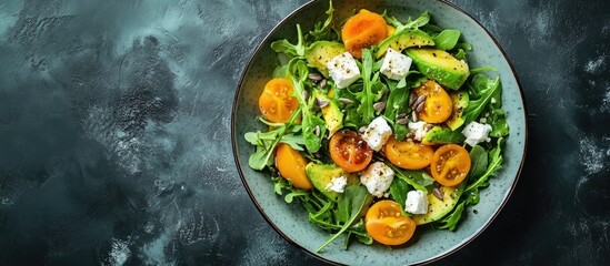 Leinwandbilder - Avocado salad featuring yellow tomatoes feta cheese arugula and sunflower seeds Top view with copyspace Healthy eating