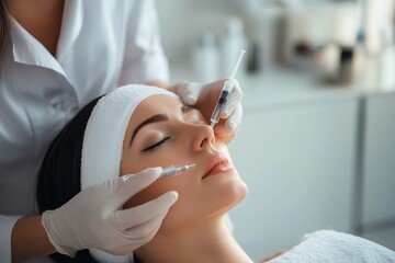 A professional administers lip fillers to a client during a beauty treatment session in a modern clinic