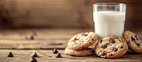Fototapete - glass of milk with chocolate chip cookies set against a backdrop of wooden boards. with copy space image. Place for adding text or design