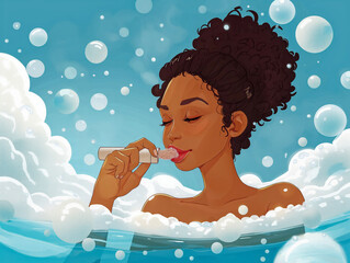 Wall Mural - A woman is in a bathtub with bubbles and a bottle of lotion. She is taking a bath and using the lotion