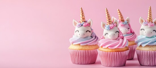 Poster - Several adorable sweet unicorn cupcakes on a pink background. with copy space image. Place for adding text or design