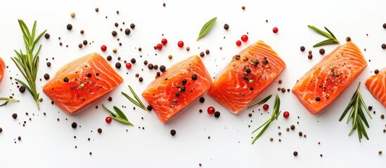 Poster - Slice of salmon with peppercorn and rosemary set against a white background. with copy space image. Place for adding text or design