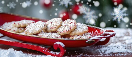 Aufkleber - Small red vintage sled loaded with Christmas cookies. with copy space image. Place for adding text or design