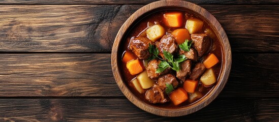Aufkleber - Beef stew served in a wooden dish Dark wooden backdrop Top view Copy space