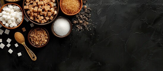 Leinwandbilder - Brown and white sugar in bowls with a scoop and spoon Cane refined granulated cubes and candy Top view on a black background with copy space