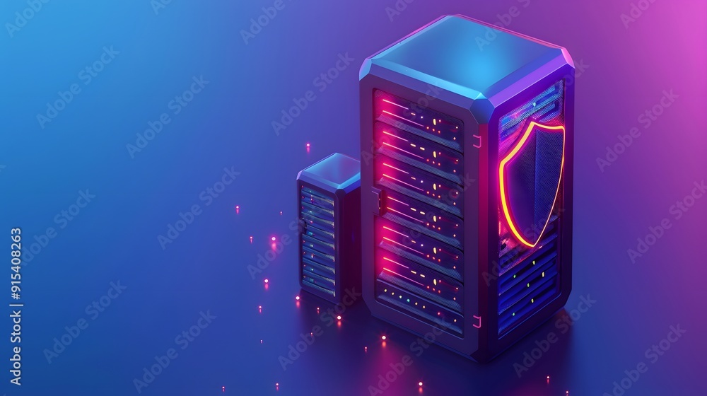 Stylized illustration of secure server racks with neon lights ...