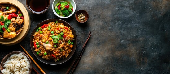 Fototapete - Chinese cuisine including fried rice and chicken accompanied by tea. with copy space image. Place for adding text or design